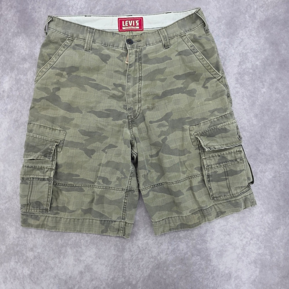 Levis Squad Cargo Camo Shorts Mens 34 Green Grid Pattern Utility Hking Y2K (36W)